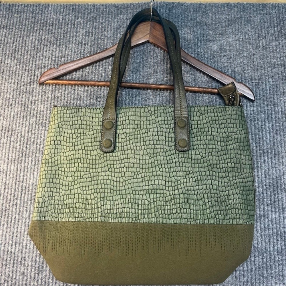 Sage Green Mixed Media Croc Embossed Perforated Tote Bag Shoulder Purse